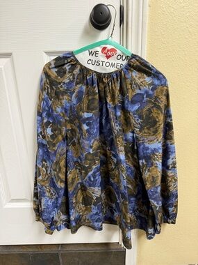 ANN MASHBURN Blue and Brown Floral Long-Sleeve Blouse
